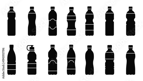 Collection of black silhouettes representing various shapes and sizes of plastic water and soda beverage bottles.
