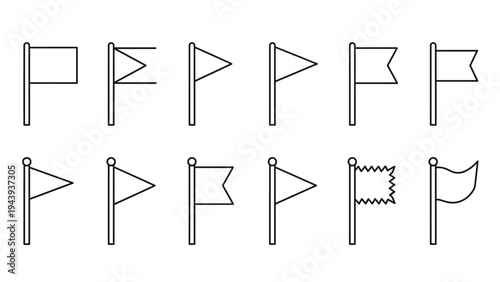 Collection of simple black outline icons representing various shapes of flags on poles including triangular and rectangular.