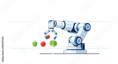 Robotic arm picking fresh vegetables and fruits in modern factory setting