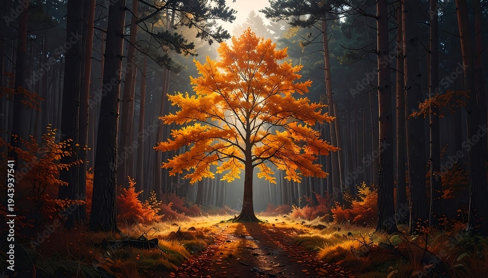 Fototapeta premium A serene forest scene with a vibrant orange tree