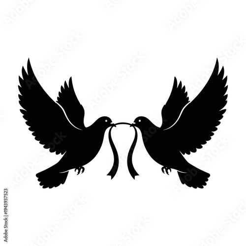 Happy friendship day silhouette of two birds sharing ribbon