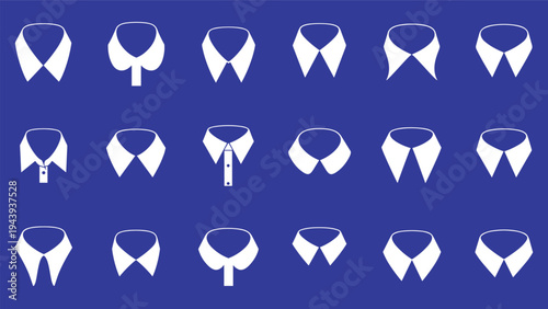 Assortment of various shirt collar styles and necklines displayed as white silhouettes on a dark blue background.