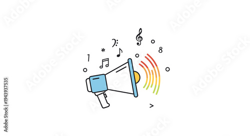 Vibrant megaphone announcement with colorful sound waves and music notes