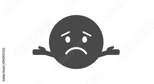 Dark gray cartoon emoticon expressing confusion with shrugging gesture on isolated white background
