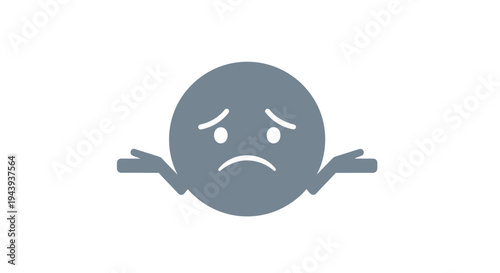Gray cartoon emoticon expressing confusion with shrugging gesture on isolated white background