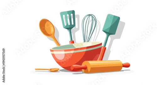 Cartoon style red mixing bowl surrounded by various kitchen utensils on isolated white background