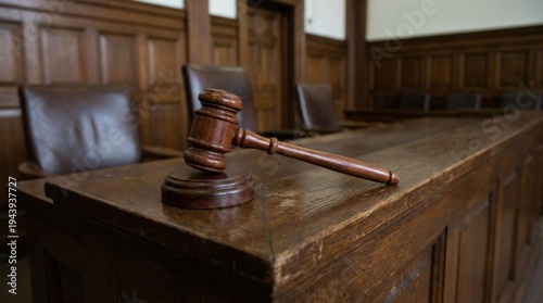 Gavel resting on wooden desk in courtroom