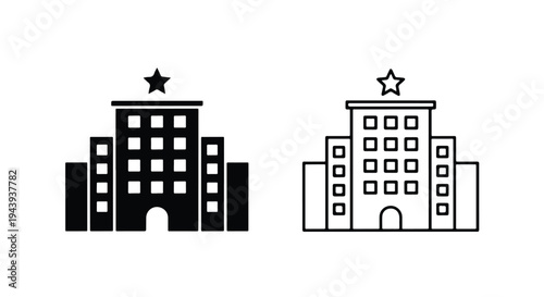 Modern Building Icons with Star Top Set - Line and glyph icon set - Minimalist, flat icon, outline, glyph, linear, clipart, sticker - icon set