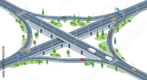 Busy highway interchange with cars and trucks on multiple roads