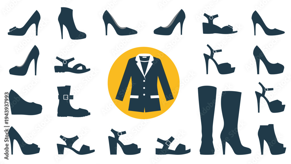 Obraz premium Assortment of women's shoe silhouettes including heels, boots, and sandals surrounding a central jacket icon in a yellow circle.