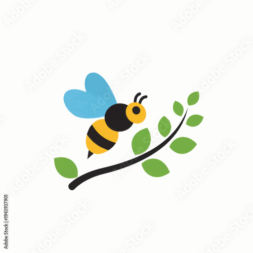 Bee Flying Near Green Leaves Branch.