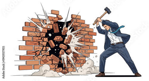Man breaking through brick wall.