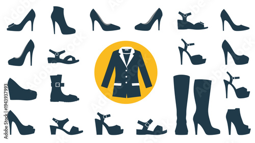 Assortment of women's shoe silhouettes including heels, boots, and sandals surrounding a central jacket icon in a yellow circle.