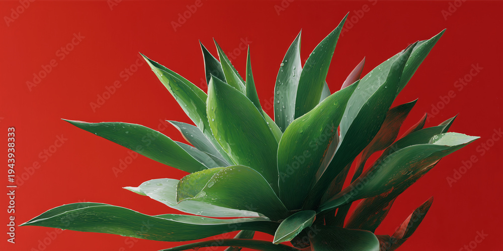Obraz premium A vibrant green agave plant against a red backdrop, showcasing nature's beauty and resilience