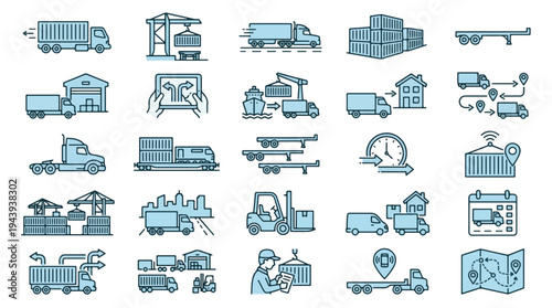 Logistics Icons Set with Various Transportation Vehicles and Warehouse Symbols Vector illustration
