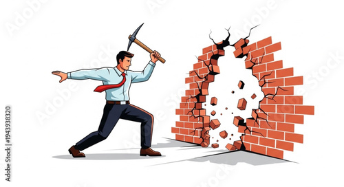 Man Breaking Through Brick Wall.