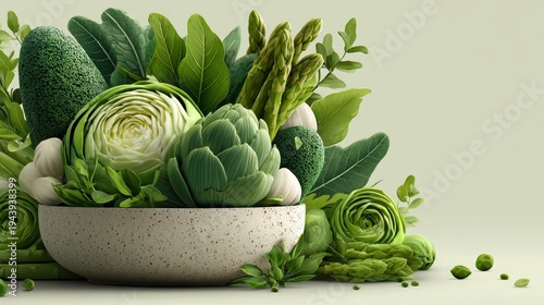 Speckled ceramic bowl brimming with green vegetables and leafy greens including artichokes, asparagus, cabbage, and herbs, ideal for fresh produce and healthy eating campaigns