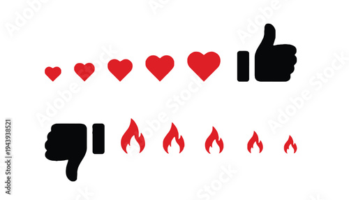 Heart and thumbs icon set with flames on a white background