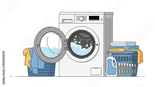 Modern washing machine with an open door and soapy water next to baskets of clean folded laundry and detergent.