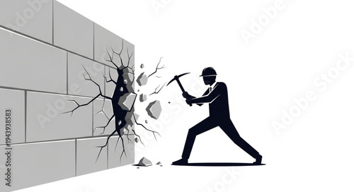 Man breaking through brick wall.