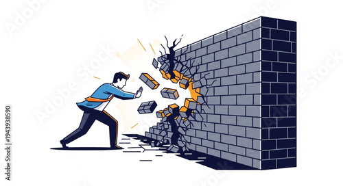 Man breaking through brick wall.