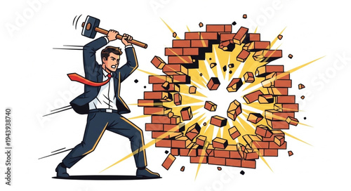Man breaking through brick wall.