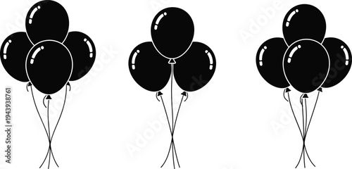 Black helium balloons floating bunch, party decoration set, dark celebration balloons cluster, vector illustration, minimalist birthday event decor elements collection