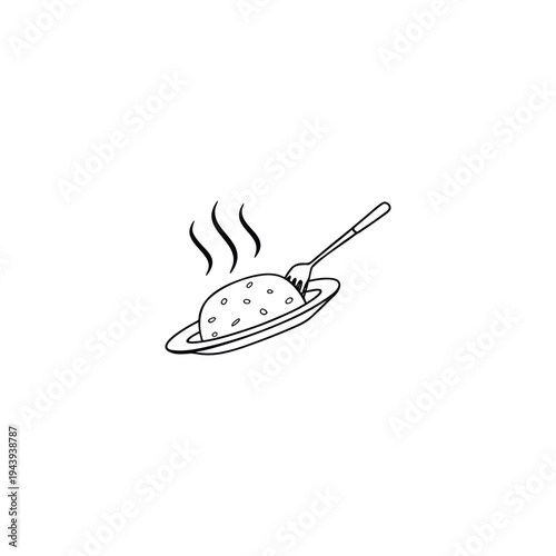 A simple line drawing of a hot dish with a fork on a plate