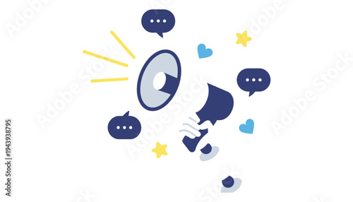 A megaphone icon illustration with speech bubbles and social media symbols