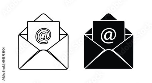 Email Envelope Icon Set with At Symbol Design - Line and glyph icon set - Minimalist, flat icon, outline, glyph, linear, clipart, sticker - icon set