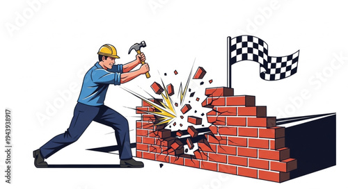 Man breaking through brick wall.