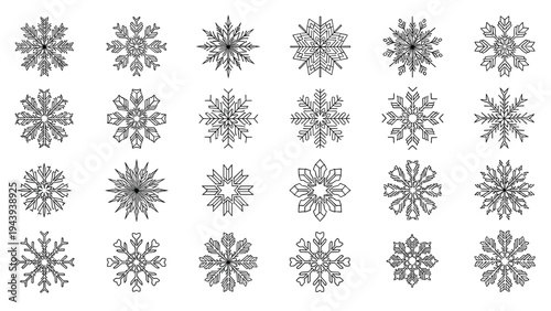 Comprehensive collection of twenty-four intricate and unique black and white snowflake designs for winter themes.