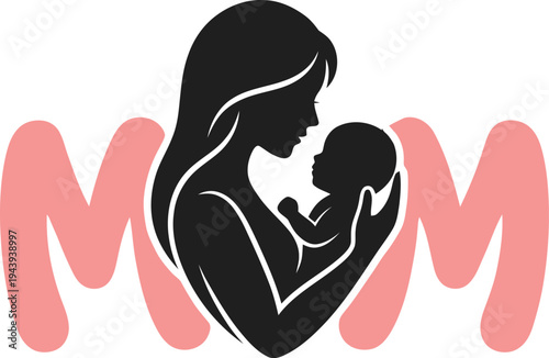 Mother Holding Baby Silhouette with MOM Text – Mother's Love Vector Illustration
