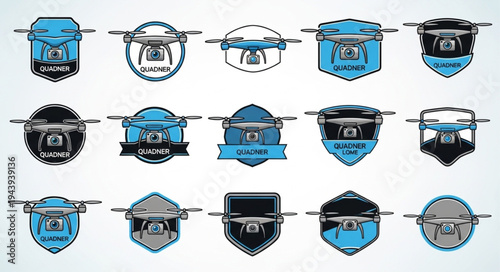 Collection of vintage-style drone emblems with intricate details and varied shield designs.