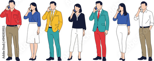 Diverse business professionals talking on phone in colorful smart casual outfits, vector fashion illustration, modern office communication, men women standing poses