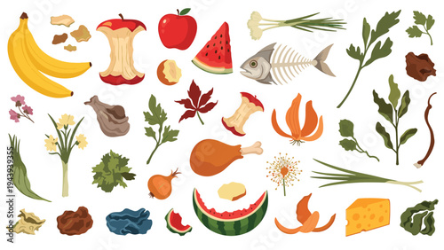 Assortment of organic waste items and food scraps including fruit peels, fish bones, eggshells, and vegetable remains.