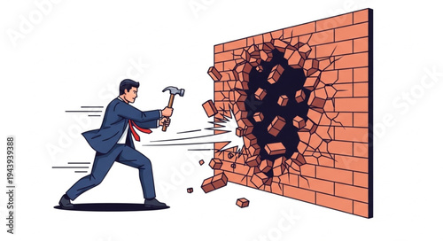 Man breaking through brick wall.