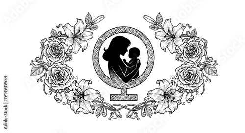 Mother Holding Baby Silhouette Illustration.