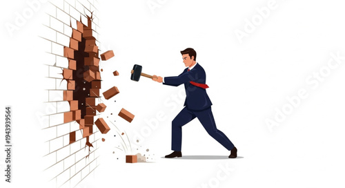 Man breaking through brick wall.