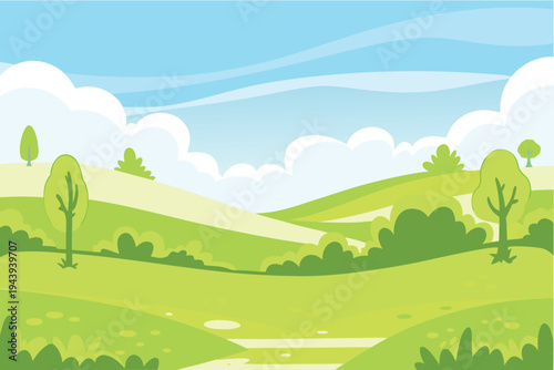 Stylized rolling green hills and blue sky with clouds cartoon landscape idyllic countryside scene