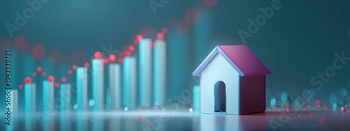 house with rising bar chart and upward arrow symbolizing real estate market growth, property value increase in neon cyan, red and purple tones banner 