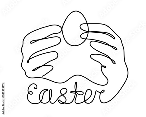 Hand holding easter egg one-line art, hand drawn palm continuous contour. Christian orthodox religion holiday Jesus Christ Resurrection festive design. Editable stroke. Isolated. Vector illustration