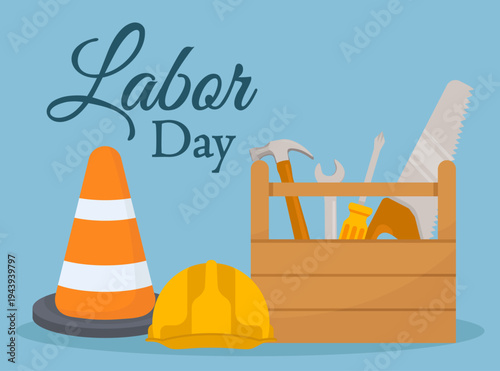 Labor Day celebration background with construction tools and safety equipment Wooden toolbox with hammer, saw and wrench