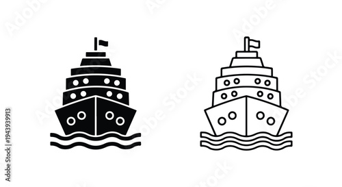Cruise Ship and Ferry Icon Set, Modern Line Art Vector - Line and glyph icon set - Minimalist, flat icon, outline, glyph, linear, clipart, sticker - icon set