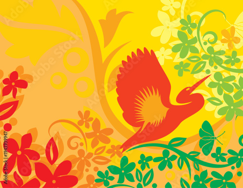 Bright abstract background with flying bird, butterfly and colorful flowers, bird, butterfly, flower, abstract, background, colorful, stylized, flying, orange