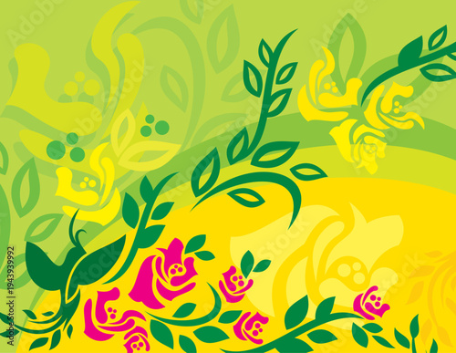 Yellow and green spring floral illustration with roses and leaves with flowers with roses with floral with leaves with spring with nature with illustration with vector art
