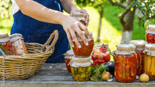 Woman putting jars of preserved vegetables into wicker basket on wooden table