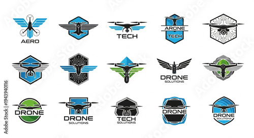 Collection of drone logos featuring various designs and styles for branding.