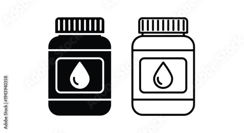 Medicine Bottle Icons with Water Drops - Line and glyph icon set - Minimalist, flat icon, outline, glyph, linear, clipart, sticker - icon set