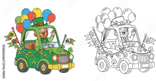 St. Patrick's Day Leprechaun Driving a Decorated Car. Colorful Illustration and Black and White Coloring Page Line Art.
